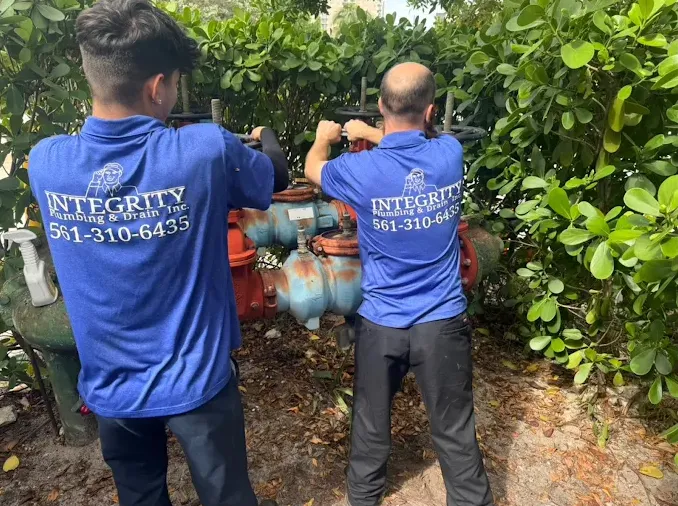 Techs working on a main shutoff valve.