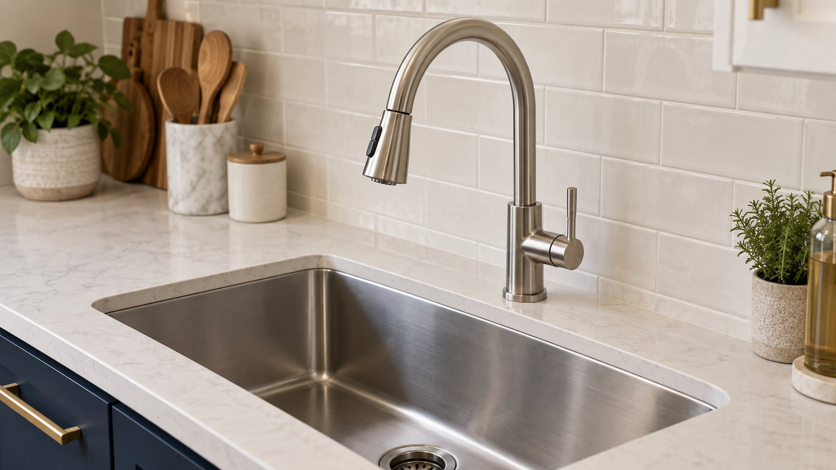 Brushed metal kitchen faucet with a curved spout and side handle above a stainless steel sink.