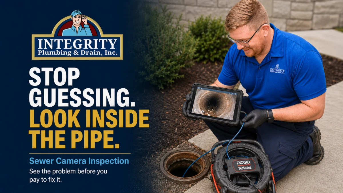 Integrity Plumbing technician viewing live sewer camera footage on a tablet at an open cleanout in West Palm Beach