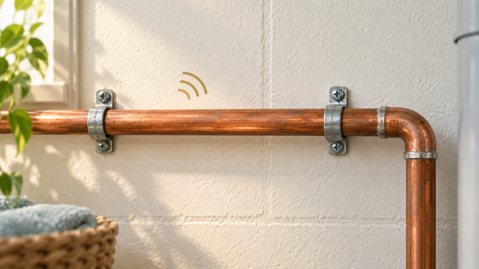A secured copper supply pipe with a small graphic suggesting a knocking sound.