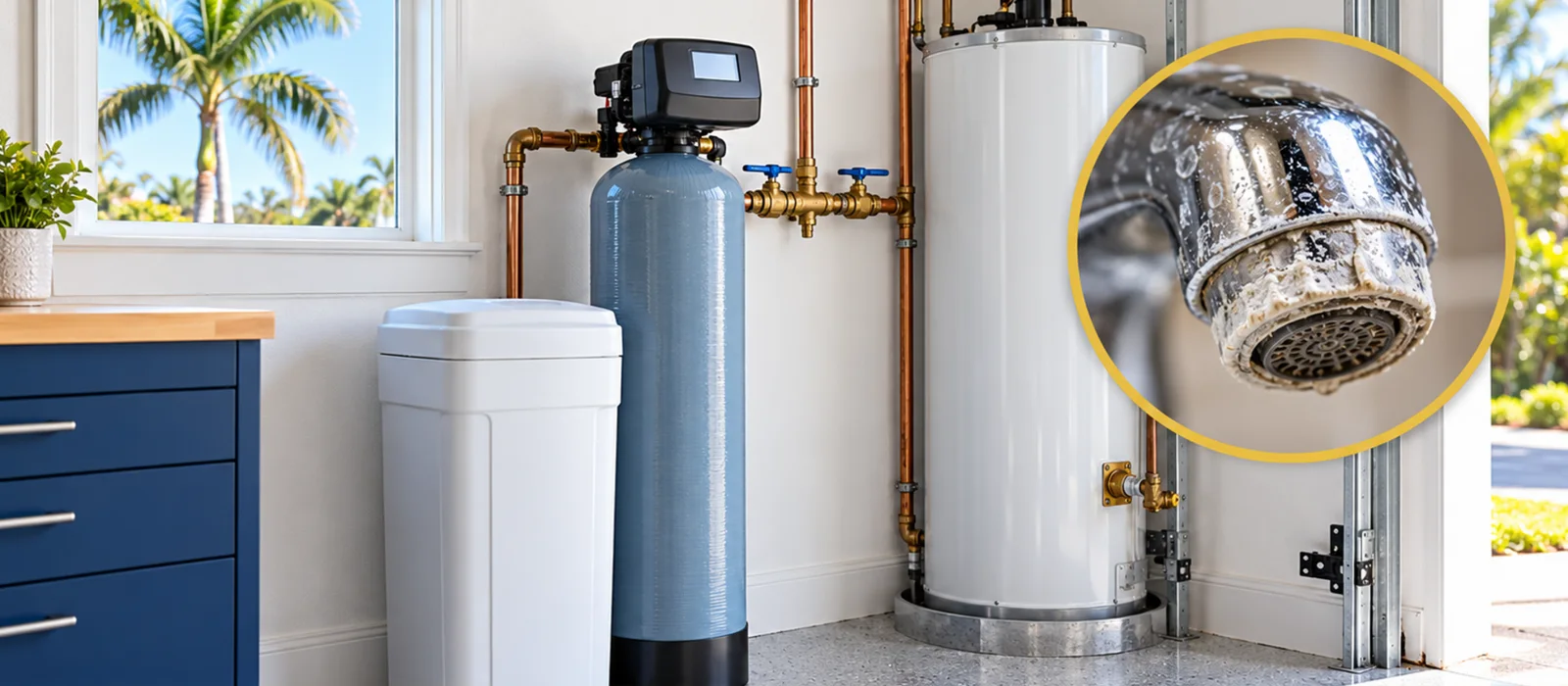 A water softener and brine tank installed beside a water heater in a Florida garage, with a close-up of a faucet aerator crusted with hard water scale.